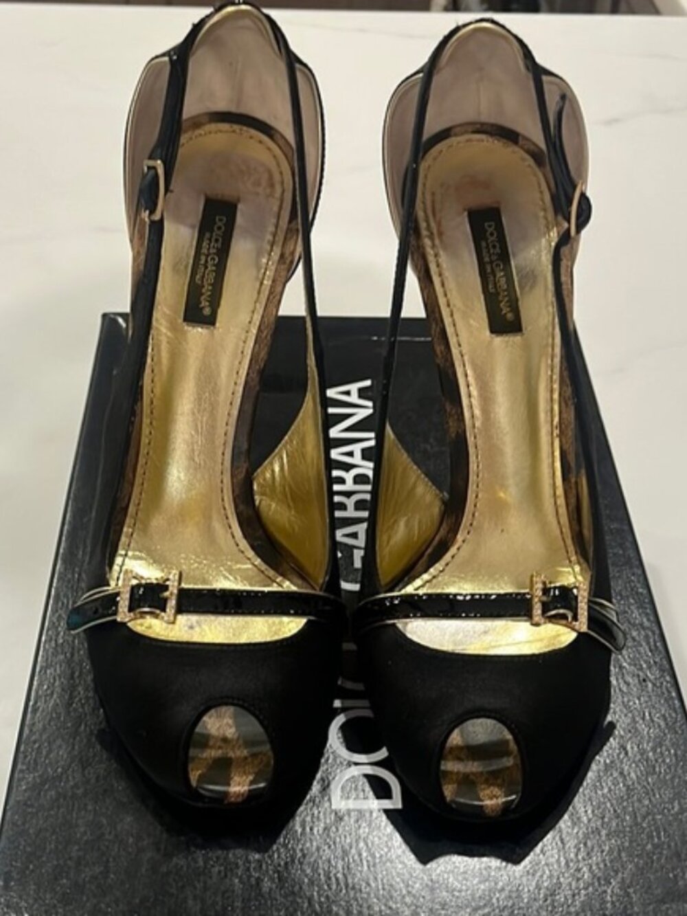 Dolce & Gabbana Black Gold Peep Toe Slingback Heels EU 39 With Box